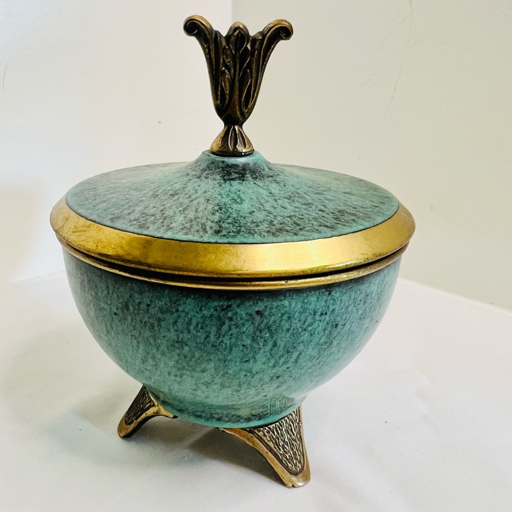 Vintage Brass Enameled Footed Bowl with Lid, Made in Israel